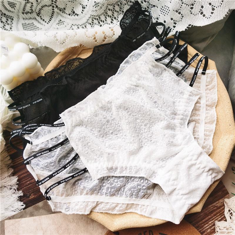 

Women's Panties Letter Belt Mesh Hollow Out Ruffle Lace Cotton Crotch Sexy Women's Underwear Breathable Seamless Briefs Lingerie, Black