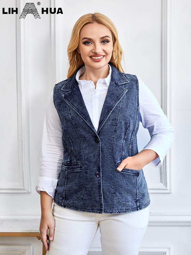 

Vests LIH HUA Women's Plus Size Denim Vest Suit Collar Spring Chic Elegant Vest For Chubby Women Cotton Knitted Vest, Blue