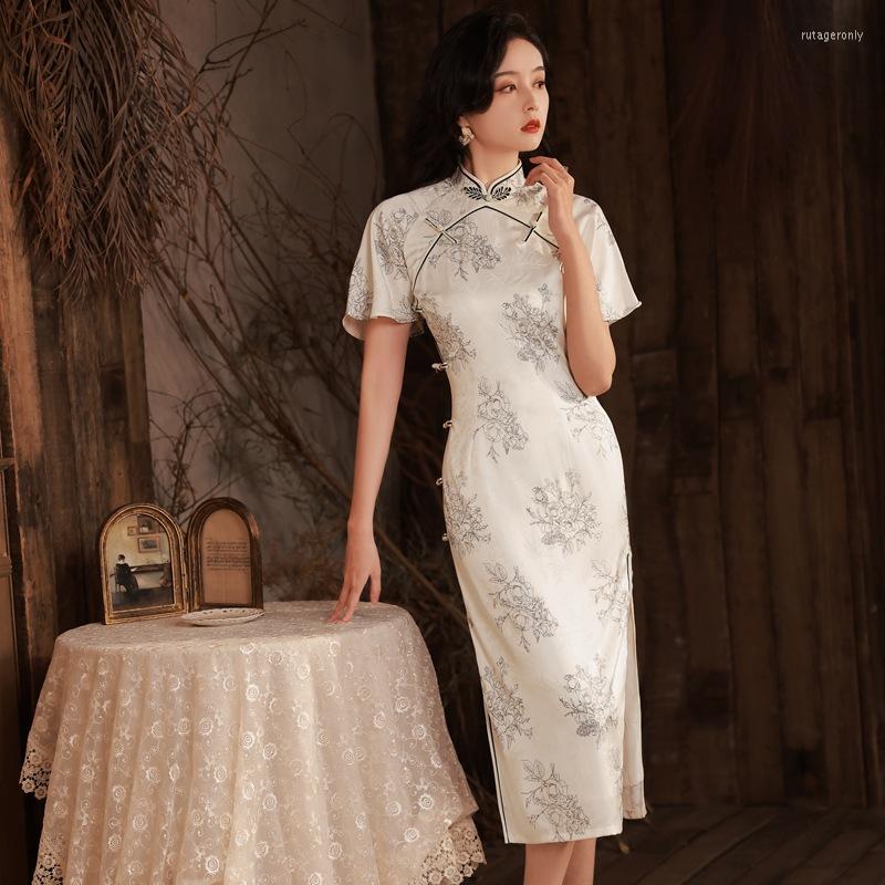 

Ethnic Clothing Traditional Women Evening Party Dress Noble Ladies Print Flower Qipao Chinese Girl Satin Dancing Cheongsam Vintage Stage