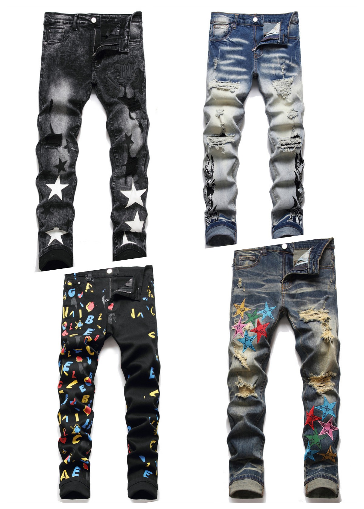 

2023 Hiking Pant Ripped Embroidery Mens Jeans Hip hop High Street Brand Hombre Motorcycle Close Designer fitting Slim Pencil Pants am iri Four colors are available, 2# please check the detailed descriptio