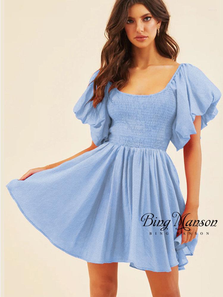 

Party Dresses 2023 Spring And Summer Square Collar Lantern Short-sleeved Temperament Elegant Dress French Senior Sense Of Short, Gqqg052