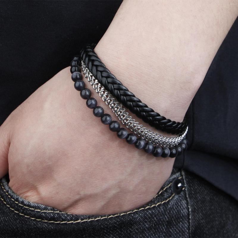 

Bangle Trendy Volcanic Rock Leather Bracelet For Men Stainless Steel Braided Punk Cool Multilayer Beaded Chain Birthday Gift