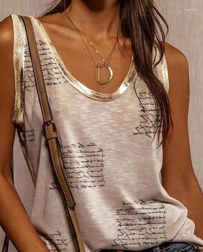 

Women' Tanks Top Women 2023 Summer Fashion Letter Print Metallic Trim Casual Scoop Neck Sleeveless Daily Tank Y2K Clothes