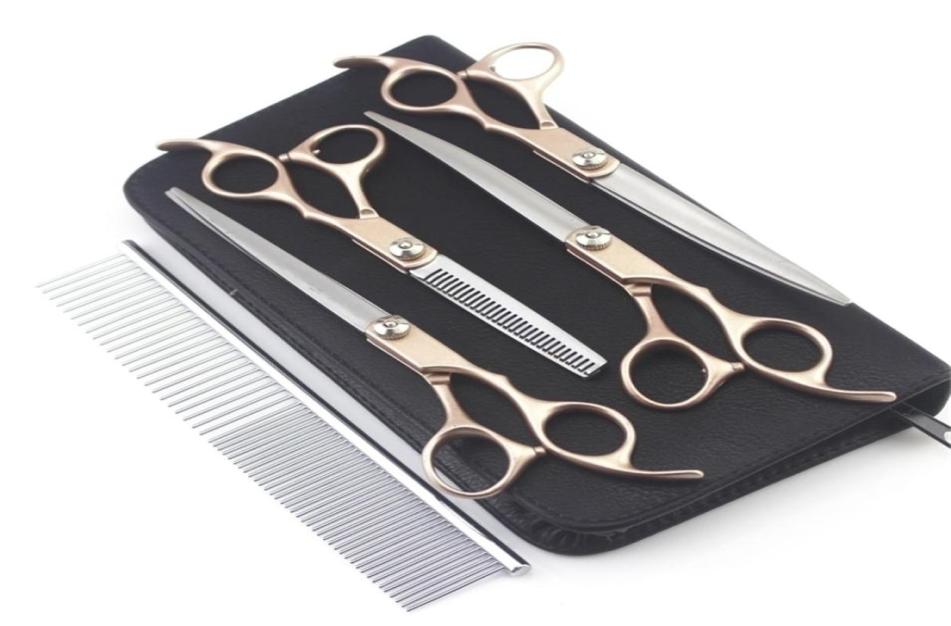 

4PCS 7inch Gold Handle Scissors Professional Dog Grooming Hairdressing Shear Set Curved kit pet groomer tools 2203179969093