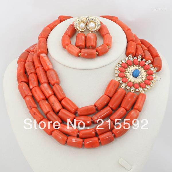 

Necklace Earrings Set Nigerian Wedding African Beads Jewelry Fashion Pink 4 Rows Costume Coral CJ109, Picture shown