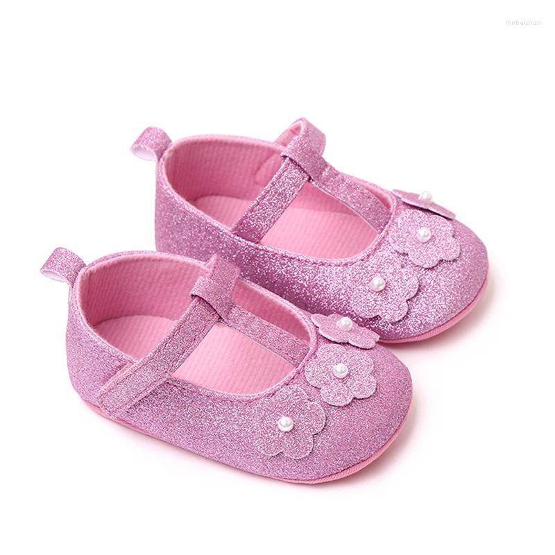 

First Walkers Baby Girls Flat Shoes Soft Sole Shiny Flower Pearls Non-slip Indoor Outdoor Toddler