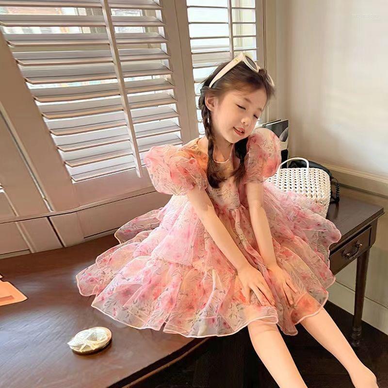 

Girl Dresses 2023 Summer Baby Girls Dress Floral Print Puff Sleeve Cute Princess Children Kids Party Vestidos Clothes, Pink