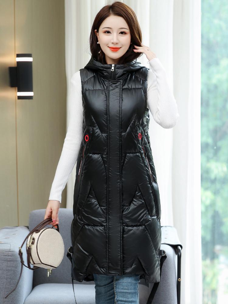 

Vests 2022 Hot Sale Women Winter Jacket Hooded Long Bright Shiny Solid Warm Padded Waistcoat Large Size 4XL 5XL Jacket, Black