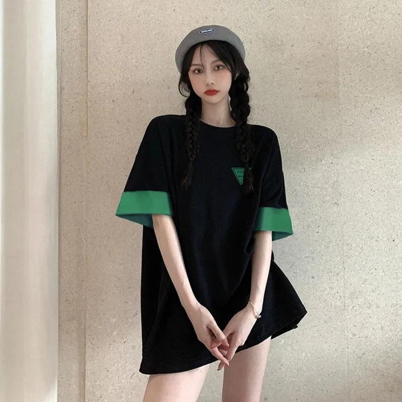 

Women's T Shirts Urban Patchwork Color Blocking Short Sleeve Oversized T-Shirt Casual Top Streetwear Summer Women's Clothing Loose, Black