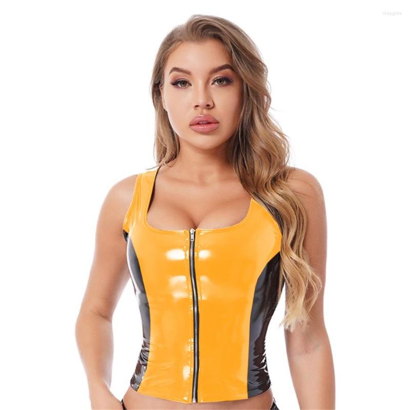 

Women's Tanks Sexy U Neck PVC Leather Tank Crop Top Fashion Tops Summer Vest Womens Zip Black Splicing Skinny Blouse Women Cute 7XL, Yellow