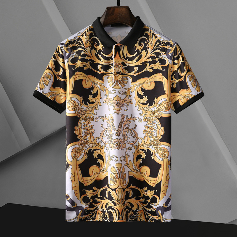 

Men's Polos Summer Fashion Casual Shortsleeved Tshirt Baroque Black Gold Pattern Printing Lapel Ice Silk Mannen Kleding 230508, Picture 09