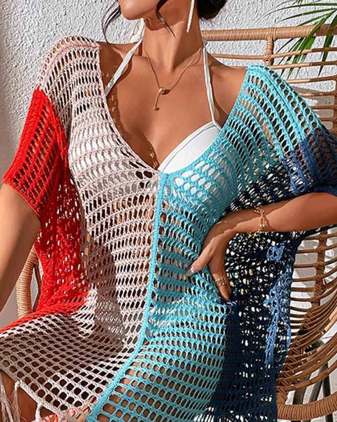 

Women' Swimwear Fashion Women' Cover Up 2023 Summer Sexy V-Neck Color Block Tassel Trimming Hollow Hook Stitch Beach Vacation