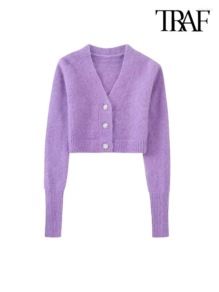 

Women' Knits Women Fashion Front Jewel Button Crop Knit Cardigan Sweater Vintage V Neck Long Sleeve Female Outerwear Chic Tops, Picture shown