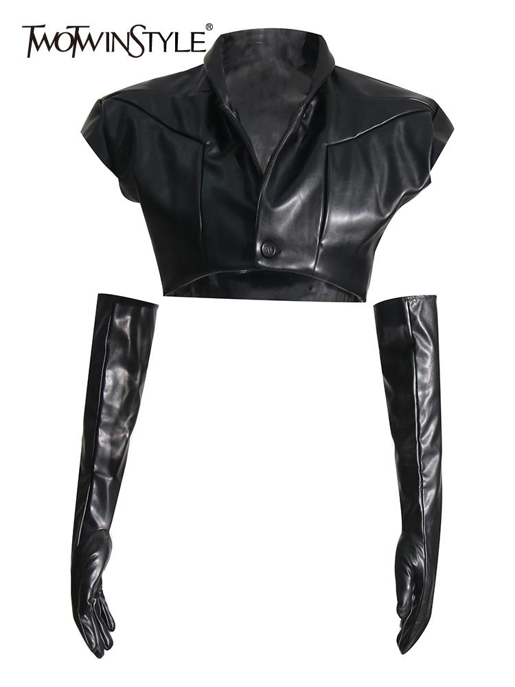 

Vests TWOTWINSTYLE Fashion Y2k Black Vest For Women Lapel Sleeveless Solid Minimalsit PU Leather Vests With Long Sleeve Gloves Female
