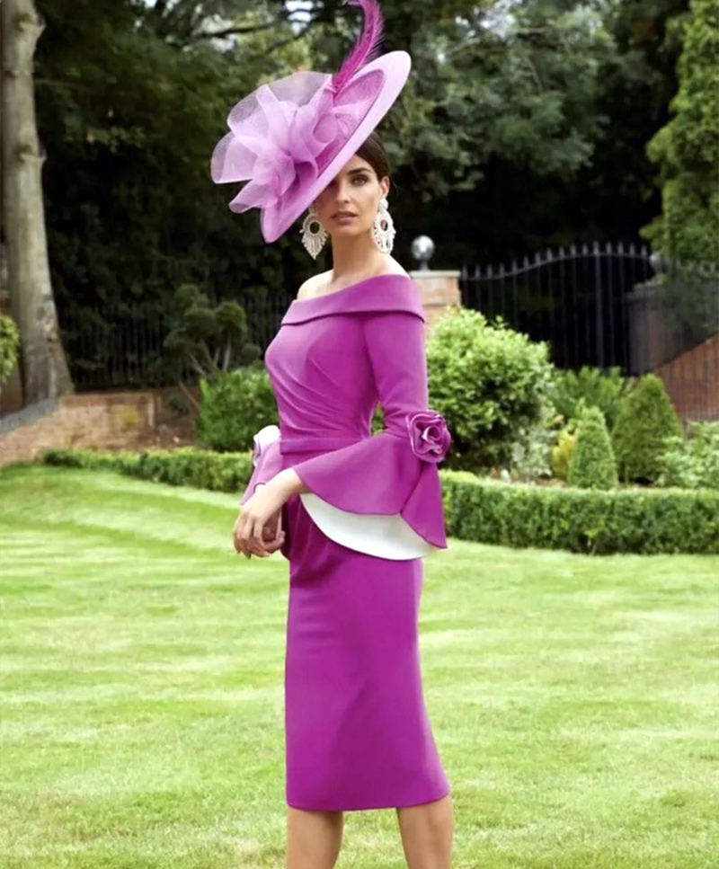 

Elegant Sheath Short Mother Of The Bride Dresses Tea Length Vintage Wedding Party Gowns Flare Long Sleeves Simple Satin Prom Evening Dress