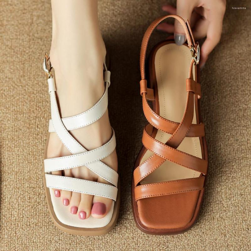 

Sandals Women's Genuine Leather Narrow Band Cross Strap Flats Open Toe Summer Casual Female Footwear 2023, Beige