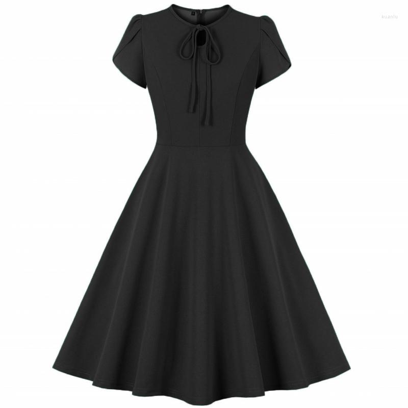 

Casual Dresses Rockabilly Summer Women Shorts Sleeve Vintage Swing Elegant Splicing Female Fashion Retro Beach A-Line Dress, Black