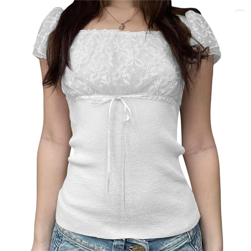 

Women' T Shirts Fairy Grunge Top Y2k Women Lace Patchwork Square Collar Puff Short Sleeve Shirt White Tees 2000s Harajuku Streetwear