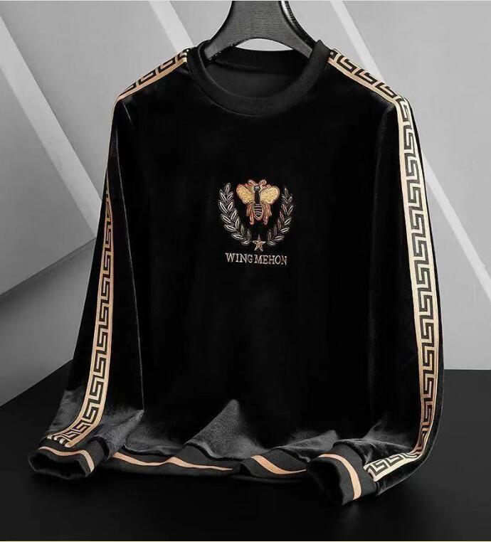 

Men's Hoodies & Sweatshirts Sweater Men's Fashion Light Luxury Gold Velvet Round Neck Pullover Small Bee Embroidered Ribbon Splice Loose Large Long Sleeve Top, W1