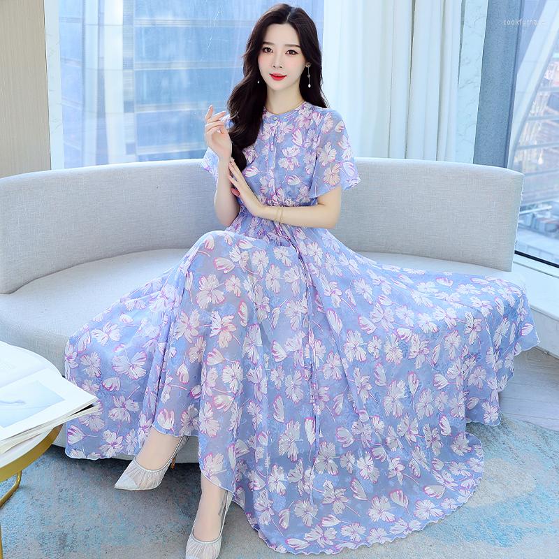 

Party Dresses Chiffon Printed Dress Over Knee Jacquard Skirt, Blue