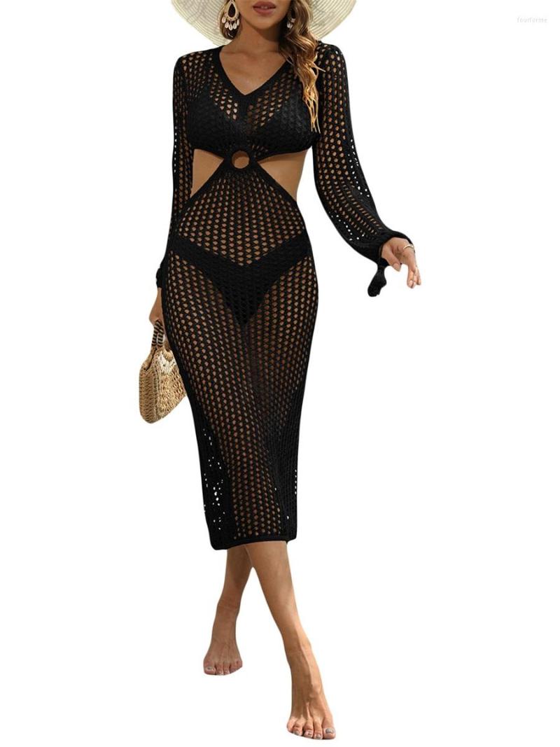

Women' Swimwear Women  Crochet Cover Up Long Sleeve V Neck Cutout Knitted Swimsuit Beach Coverup See-through Dress, B black