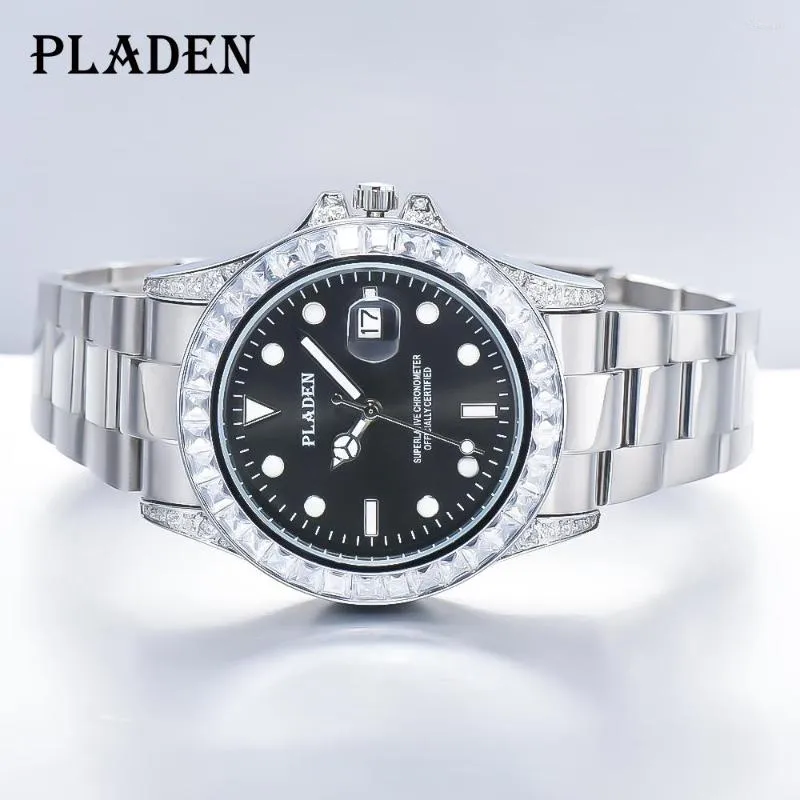 

Wristwatches PLADEN Silver Diamond Bezel Watches Luxury Sapphire Glass Automatic Date Watch Vintage Stainless Steel Quartz Clock Drop, V328-gc