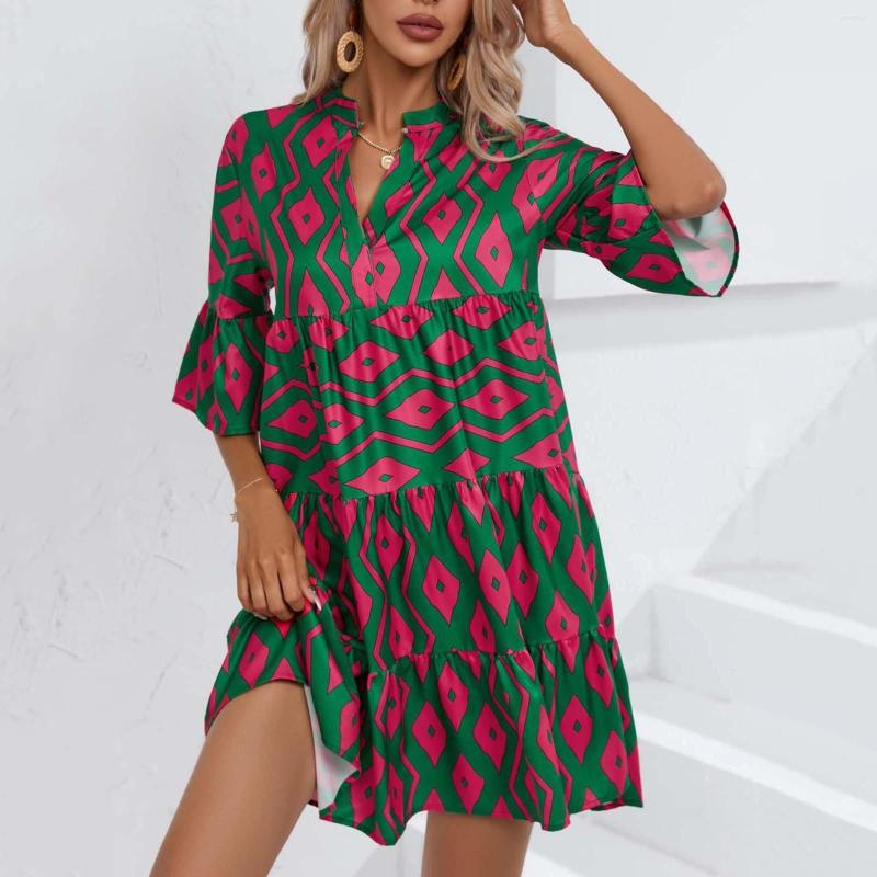 

Casual Dresses Summer For Women 2023 V Neck Printed Loose Short Dress Ladies Fashion Swing Vestido, Green