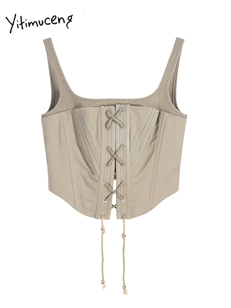 

Camisoles Tanks Yitimuceng Fake Two Pieces Crop Top Women 2023 Fashion Vintage Streetwear Camis Slim Tank Chic Solid Laceup Y2k 230508, Green