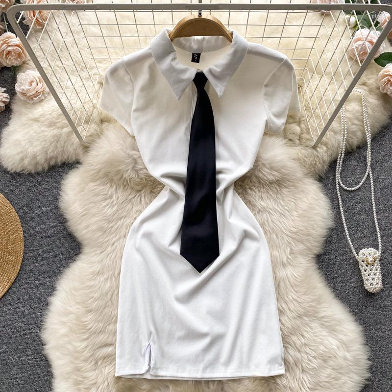 

Casual Dresses Sweet Girls Dress Polo-Collar Sexy Slim Summer Female Hip Wrap With Necktie Slit Sport Office Lady Vestidos, Black