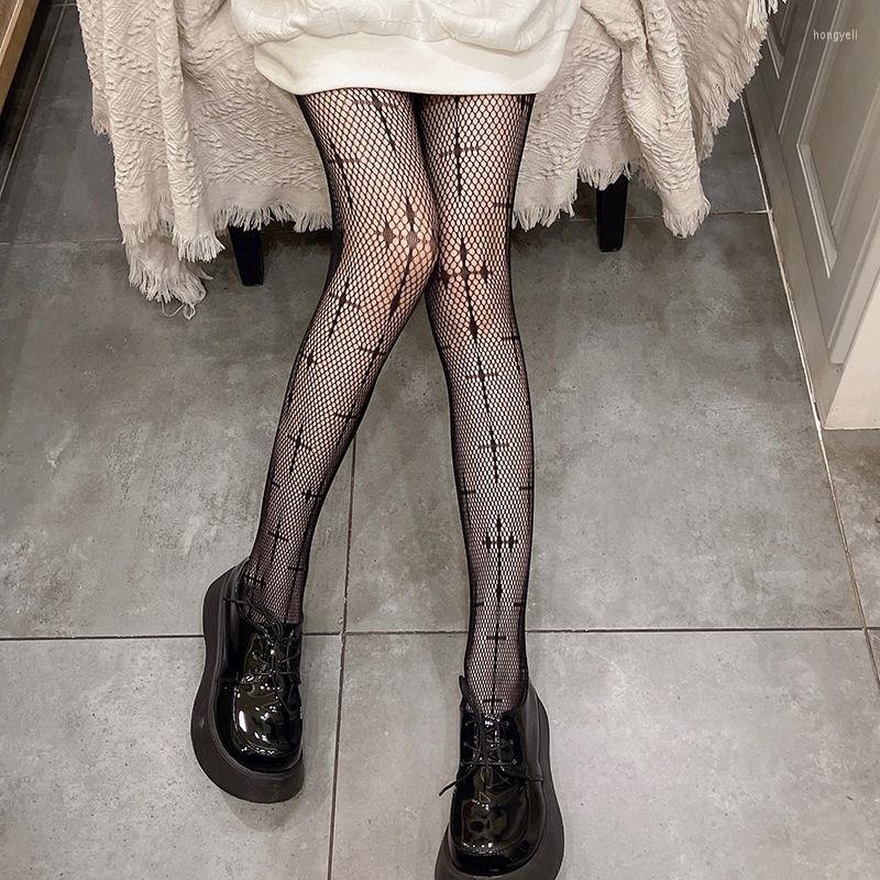 

Women Socks Japanese Cross Lolita Pantyhose Hosiery Black Devil Pattern Jacquard Tights Gothic Hollow Out Mesh Fishnet Stockings