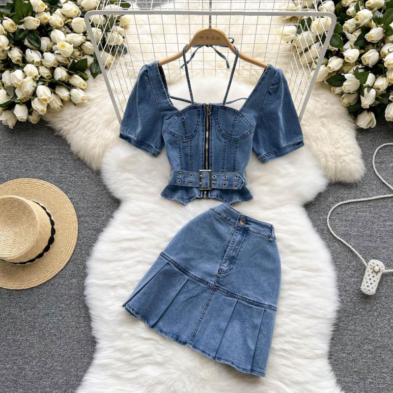 

Work Dresses Women Denim Blue Sexy Sets Zipper Sashes Puff Sleeve Bow Tie Backless Blouse Tops Ruffle Skirt 2 Two Pieces Set Holiday, Blue set