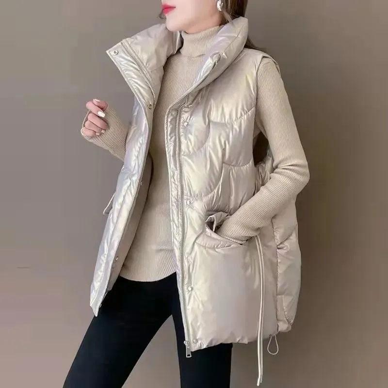 

Leather 2023 NEW Women's Down Cotton Vest Coat Autumn Winter Short Stand Collar Sleeveless Cotton Jacket Female Casual Quilted Waistcoat, Champagne
