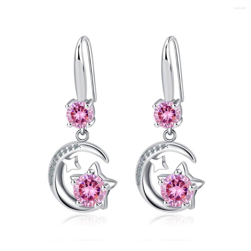 

Dangle Earrings High Quality 925 Sterling Silver Cute Star Moon Sweet Pink Zircon For Women Wedding Engagement Jewelry Gift