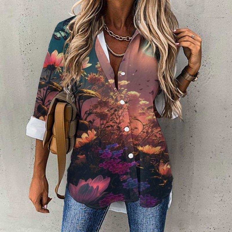 

Women' Blouses Aurora Butterflies Floral Print Loose Tops V-Neck Elegant Long Sleeve Autumn Women' Everyday Casual Prints Shirt, Yellow