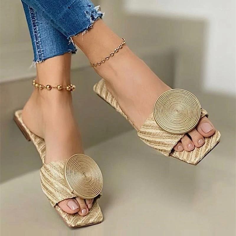 

Slippers Ladies Fashion Beach Shoes Female Casual Woman Summer Flat Sandals Round Buckle Solid Flats Plus Size, Beige