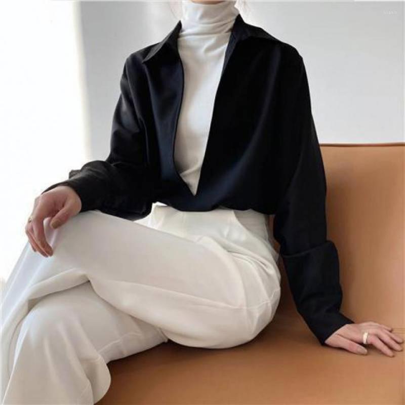 

Women' Blouses Spring Blouse Trendy Lapel Deep V Neck Pure Color Lady Shirt Women Garment Top, Black1
