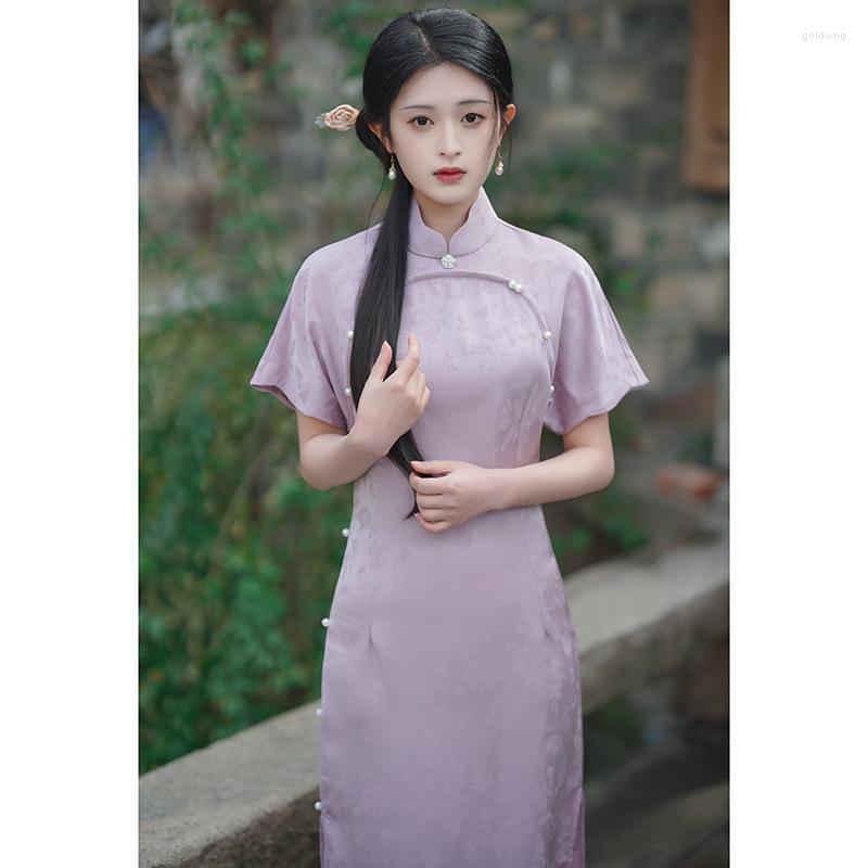 

Ethnic Clothing 2023 Summer Purple Long Cheongsam Dress Vintage Slim Women Loose Sleeve Elegant Evening Party Dresses S To XXL