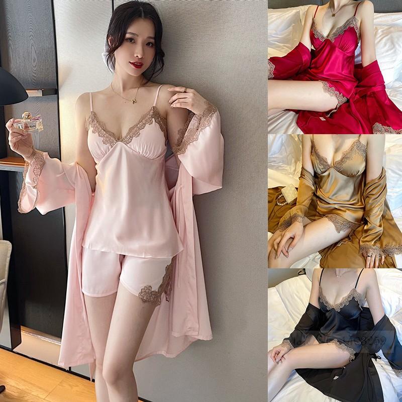 

Women's Sleepwear Pajamas Three-piece Set Sexy Lace Trim Bathrobe Summer Loose Casual Home Clothes Women Pijamas Suit Lingerie, Black pajamas