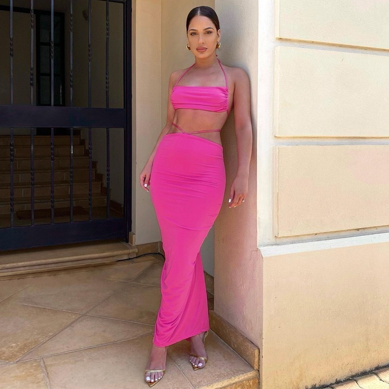 

Two Piece Dress 002 Women Sexy Backless Set Halter Top Bodycon Solid Ruched Strap Party Maxi Summer Skirt 230508, Rose red