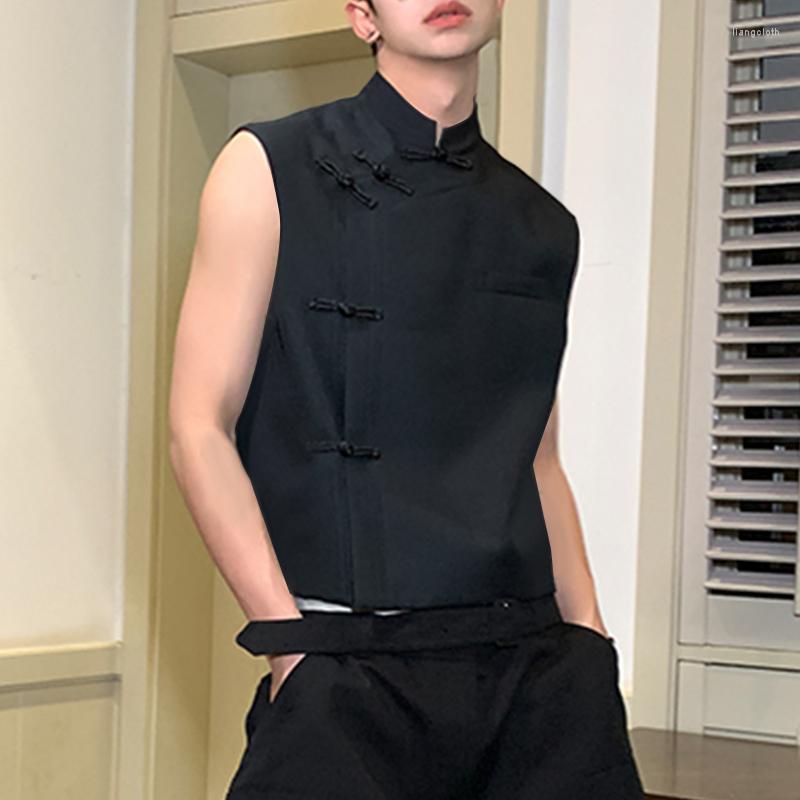 

Men's Casual Shirts INCERUN Men Shirt Solid Stand Collar Sleeveless Vintage Chinese Style Knot Button Clothing Summer 2023 Vests S-5XL, Black