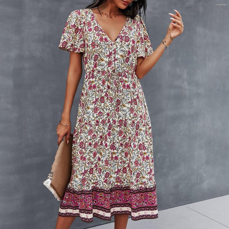

Casual Dresses Vintage Floral Print Dress Chic Fashion Women Cotton Bohemian Button Maxi Ladies V Neck Summer Beach Boho Vestidos, Purple