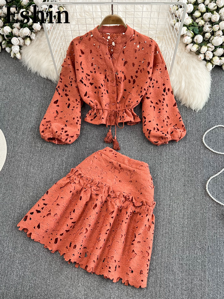 Robe en deux pièces Eshin V Neck Hollow Broidered Lantern Manchette Short Shirt Solid Mini jupe 2 costume Fonds Spring Th2512 230509