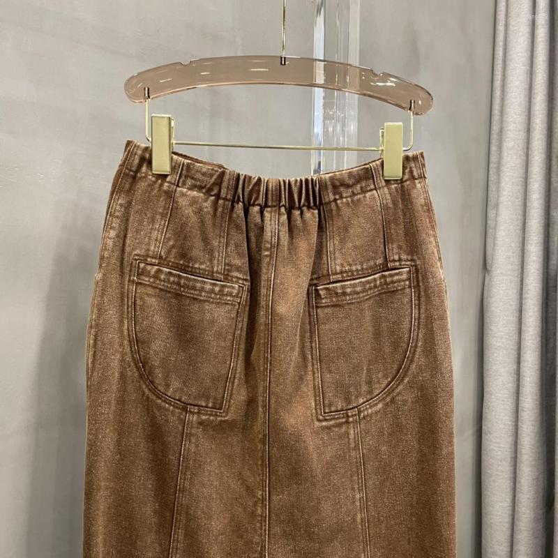 

Skirts Earth Color Denim Wash Water Structuralist Patchwork Half Skirt, Khaki