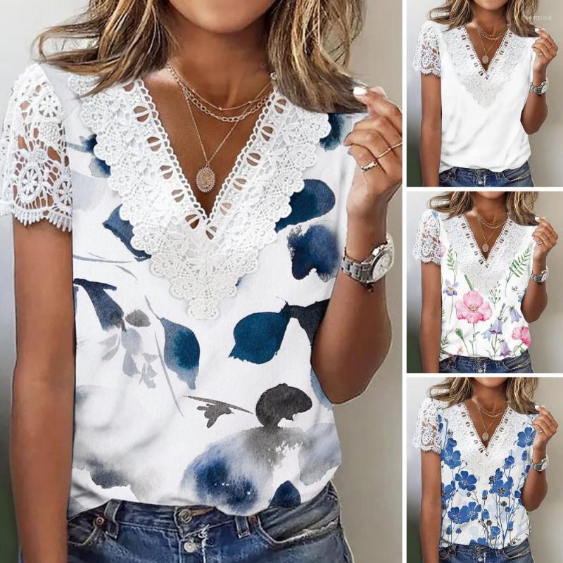 

Women' T Shirts V-neck Crochet Lace Stitching Short Sleeve Women T-shirt Thin Elastic Summer Floral Print Casual Tee Tops Daily Clothing, Blue