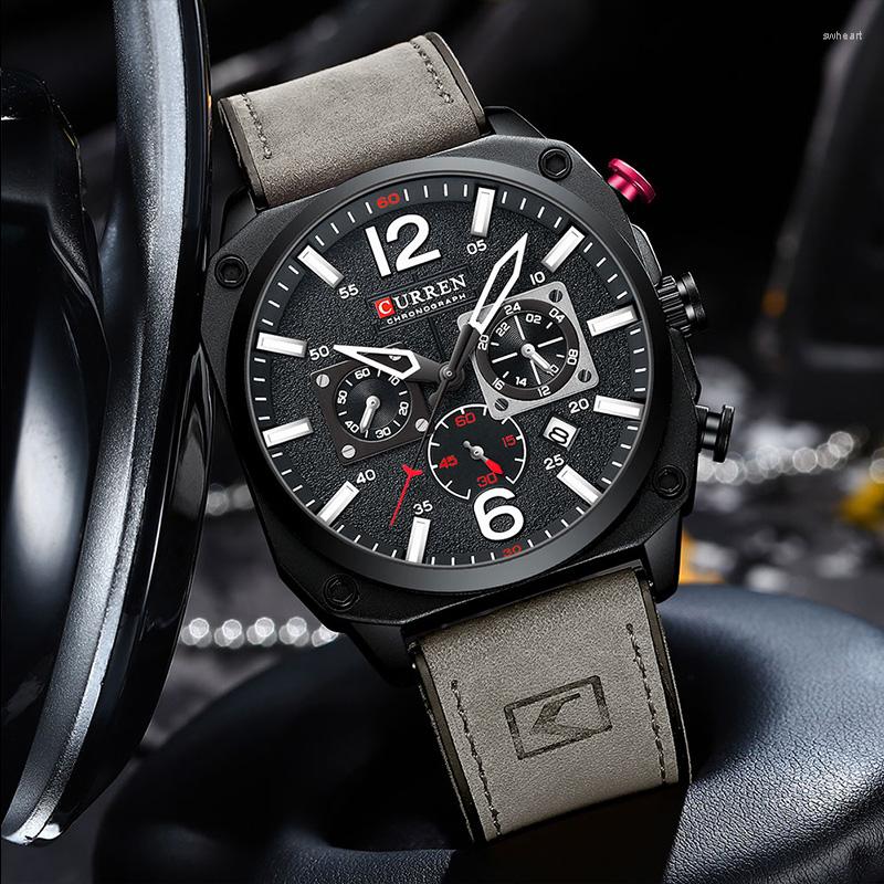 

Wristwatches Men Watch Fashion Waterproof Male Wristwatch Multi-function Chronograph Clock Leather Strap Six Needle Date Quartz Watches, Yellow