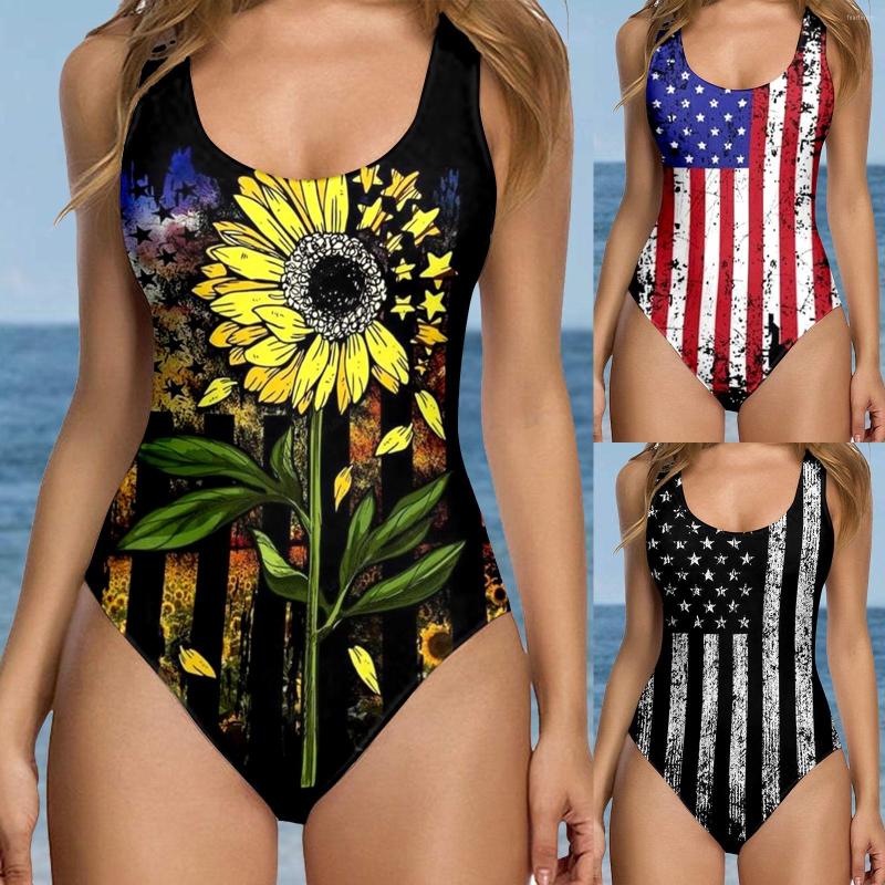 

Women' Swimwear Women' Independence Day For American Print Square Neck Open Back High Cut Monokini Swimsuit Khaki Bikini Bottom, Black