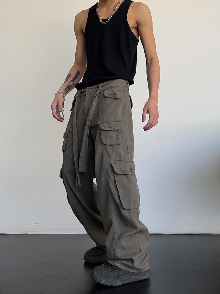 

Pants High street retro casual large pocket overalls men's and women's new summer high waist loose straight tube draped wide leg pants, Black