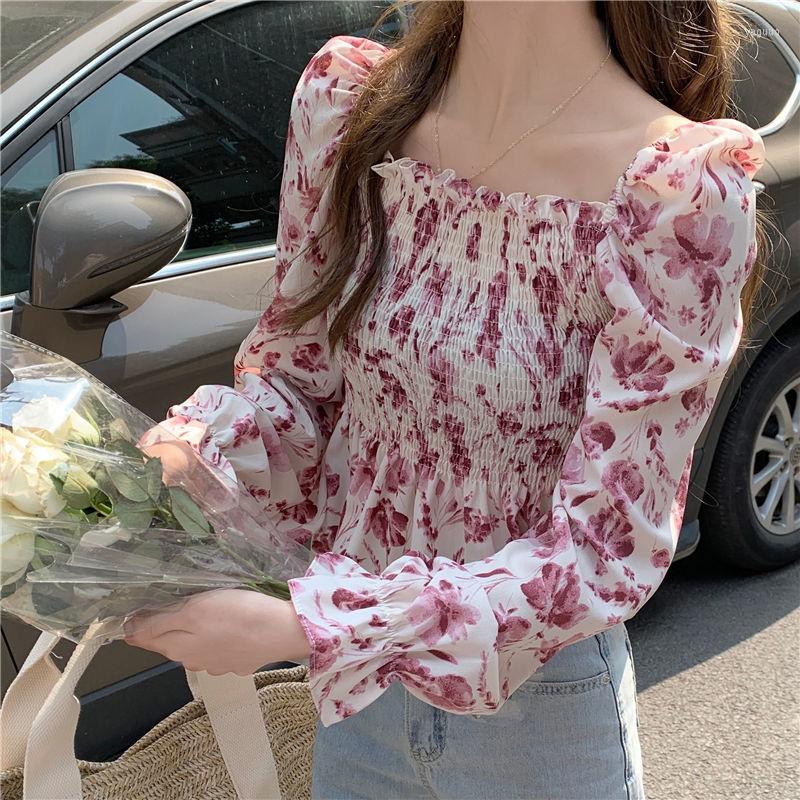 

Women's Blouses Women Elegant Square Collar Stylish Crop Tops Spring Korean Floral Print Long Sleeve Casual Loose Slim Lady Clothes, Blue