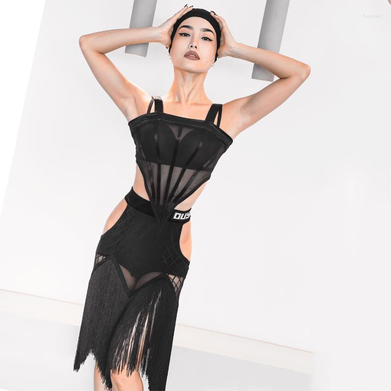 

Stage Wear Latin Dance Costumes Triangle Short Sling Top Cutout Fringe Skirts Women Dress Dancing Clothes Practice SL6133