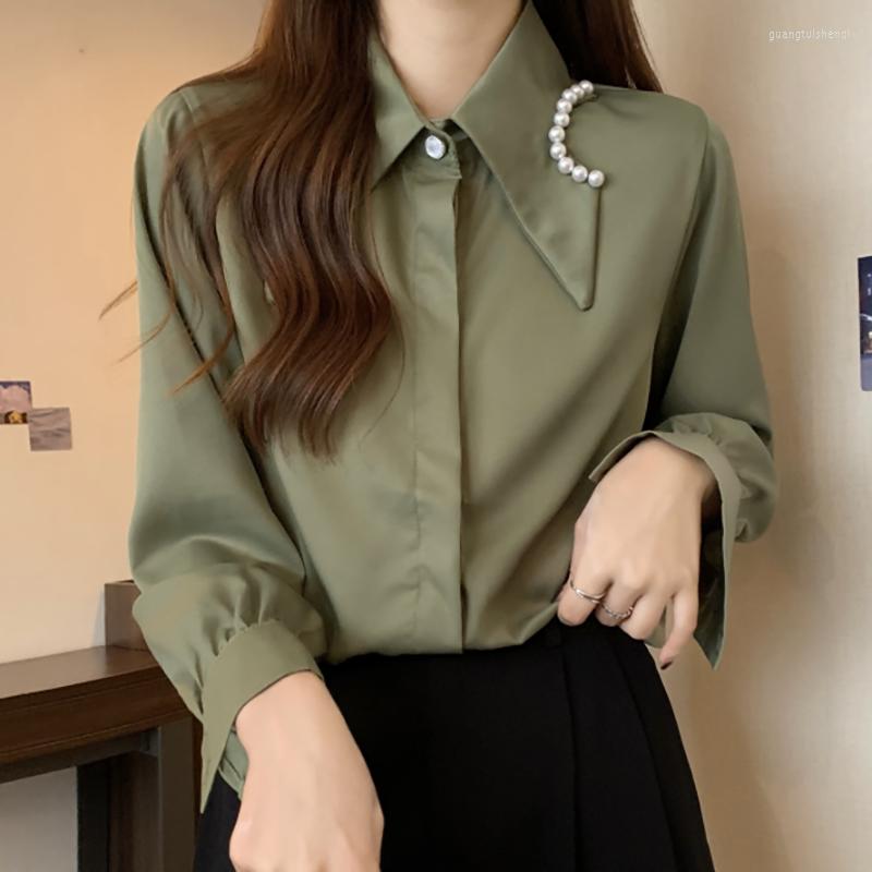 

Women' Blouses Spring Beading Womens Blouse With Pearls Turn-down Collar Shirt Female Casual Long Sleeve Korean Fashion Clothing Women 2023, Green